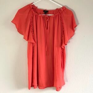 Worthington Size Medium Coral Orange Blouse Keyhole Peep Tie Ruffles Summer Cute